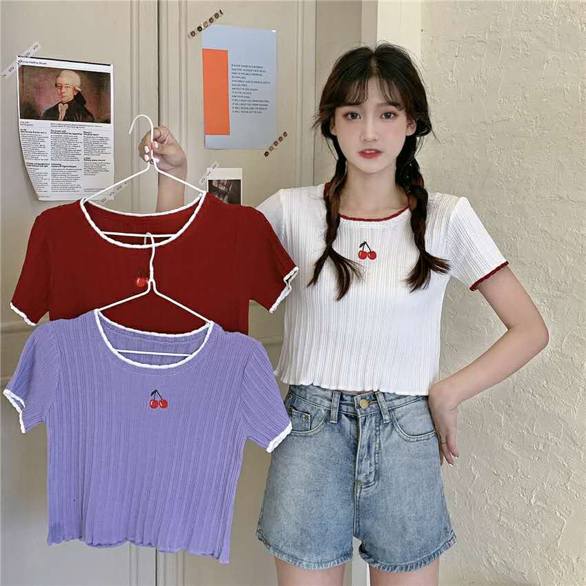 2024 New Style Knitted Sweater Short Sleeve Slim Summer Thin Top Short Women Hyuna Style Cherry Embroidery Cute T-Shirt