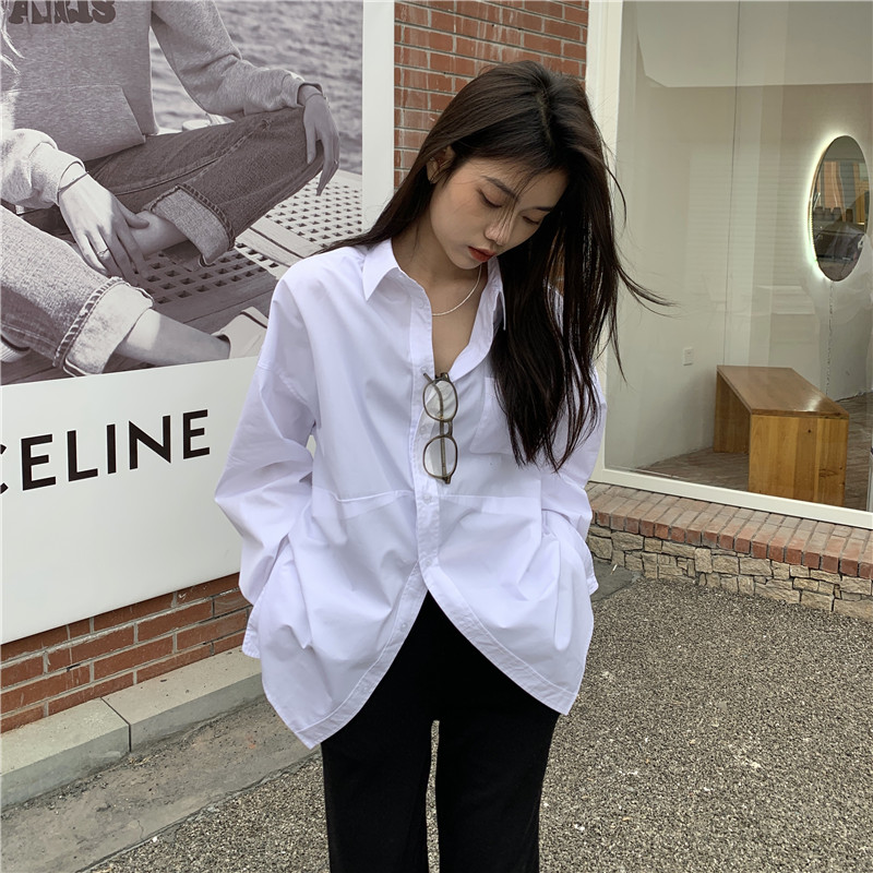 Korean Dongdaemun early autumn shirt women's chic loose mid-length outer wear student long-sleeved shirt trendy