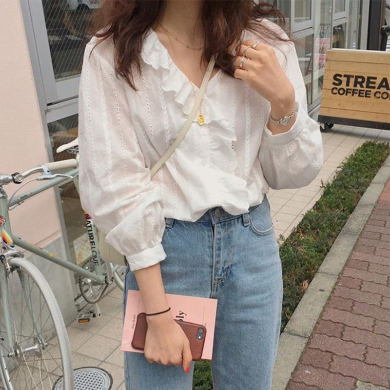 Very fairy top spring design niche petite bottoming shirt ruffled v-neck long-sleeved white shirt for women