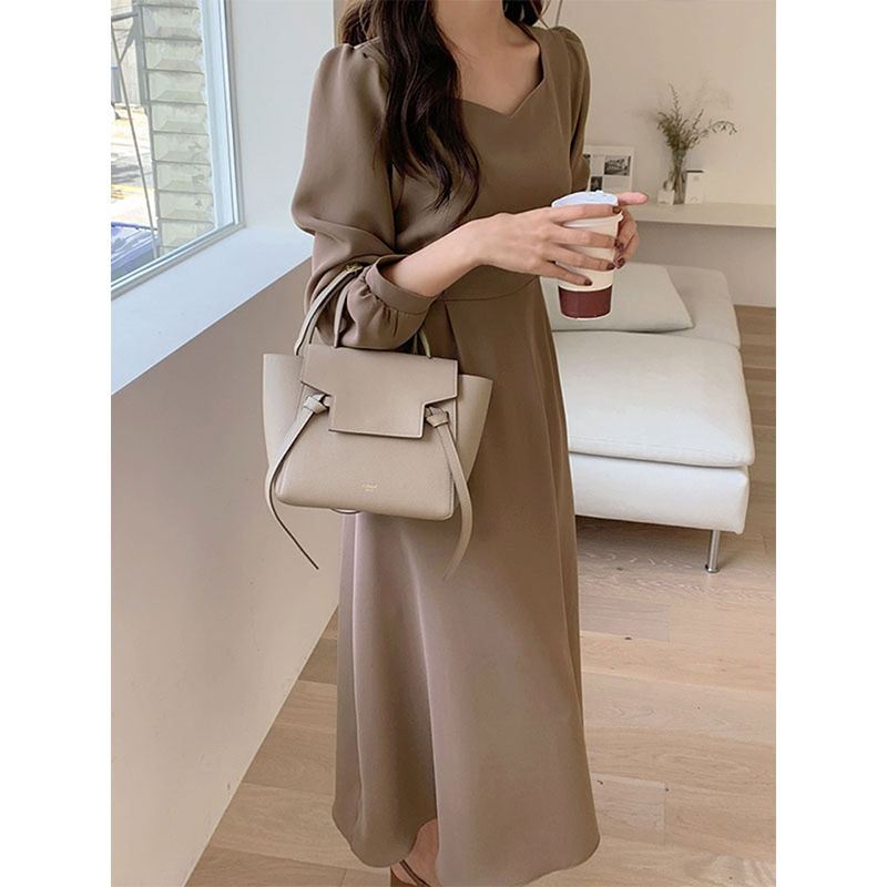 Korean chic autumn French style retro square neck age-reducing puff sleeve long lace-up waist long-sleeved dress