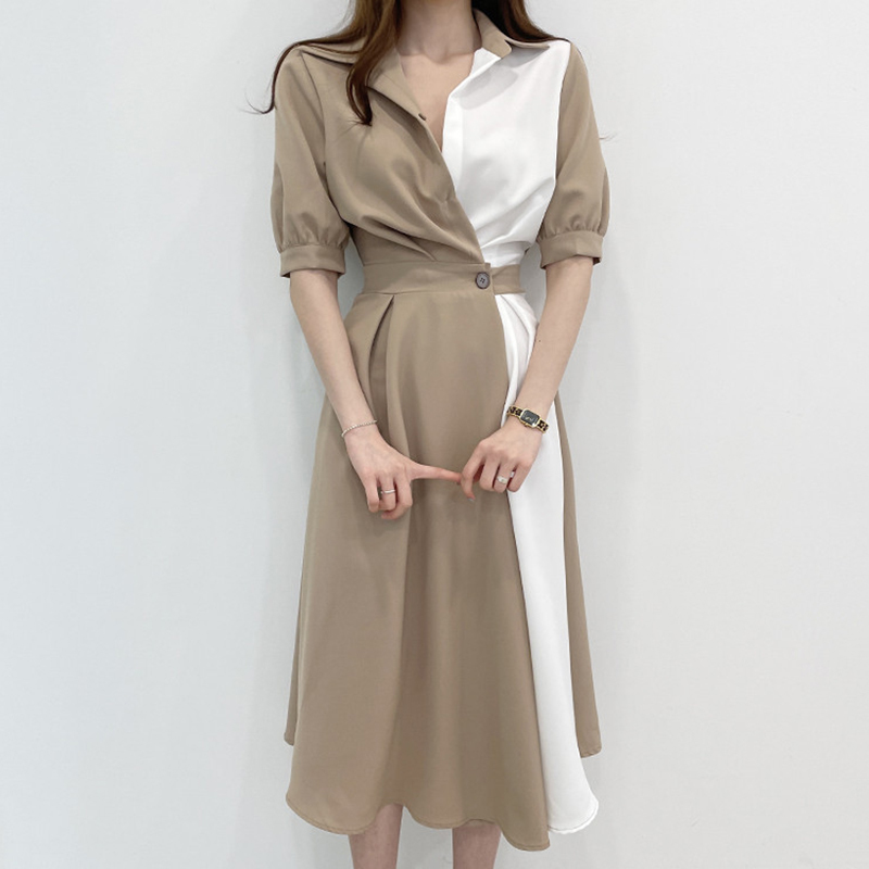 Korean chicc summer French niche lapel design contrasting color stitching one button waist short-sleeved dress