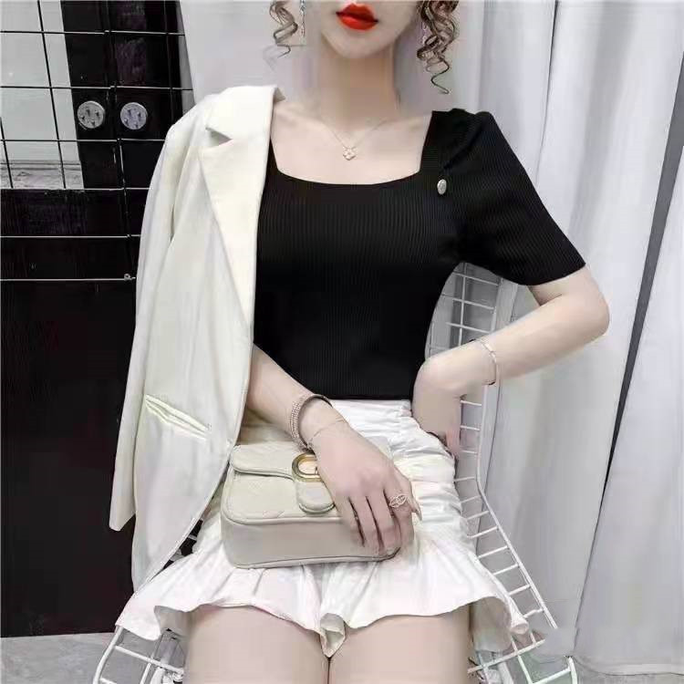 2024 spring and summer new style simple small square collar versatile short-sleeved sweater T-shirt women's tops trendy