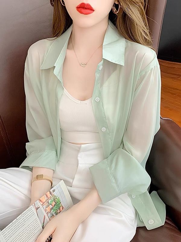 Summer chiffon women's thin long-sleeved open jacket polo collar button mid-length loose sun protection clothing