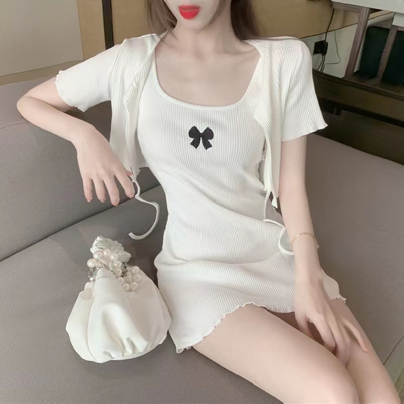 夏季新款韓系蝴蝶結刺繡修身打底背心裙+短袖針織開衫兩件套裝女