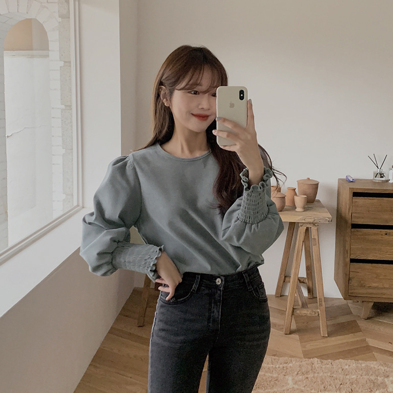 2024 new autumn Korean style gentle style top design niche round neck versatile lantern sleeves solid color lining