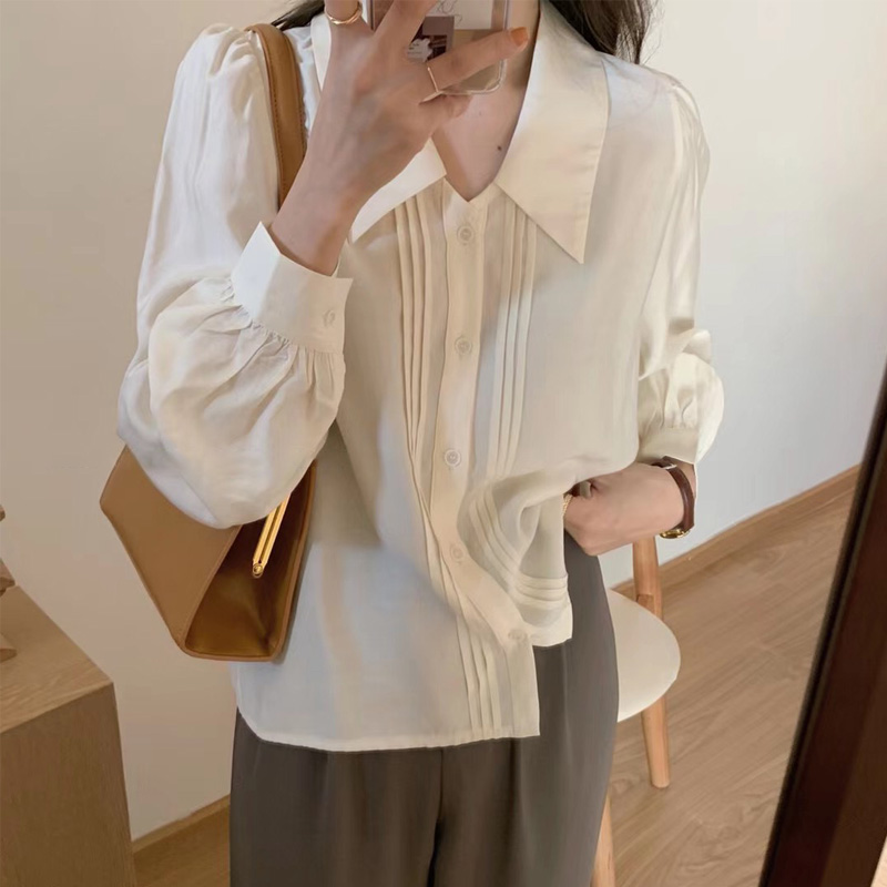 Dongdaemun 2024 early spring new style French chic top pleated Korean style puff sleeve shirt design for women
