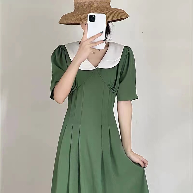 French Tea Break First Love Long Skirt Baby Neck Waist Puff Sleeve Green Dress Summer New Style