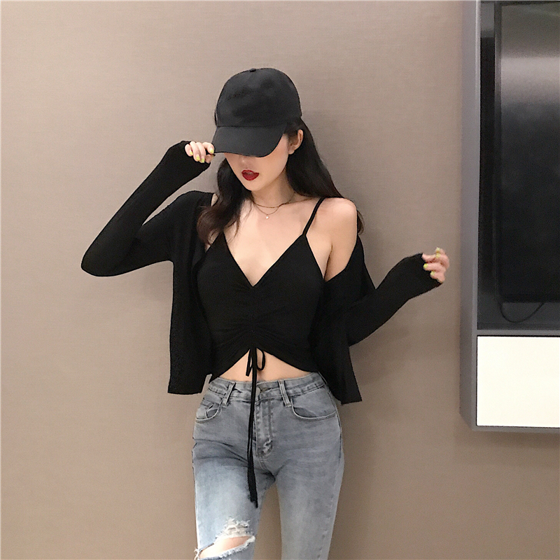 實拍~ 修身抽繩V領吊帶+開衫短外套上衣兩件套時尚套裝女裝