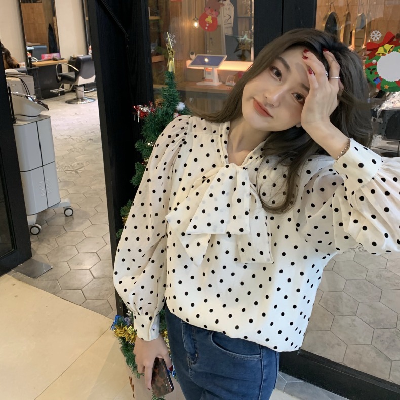 Bow tie polka dot shirt women's design niche sweet super fairy style puff sleeve chiffon shirt spring and autumn