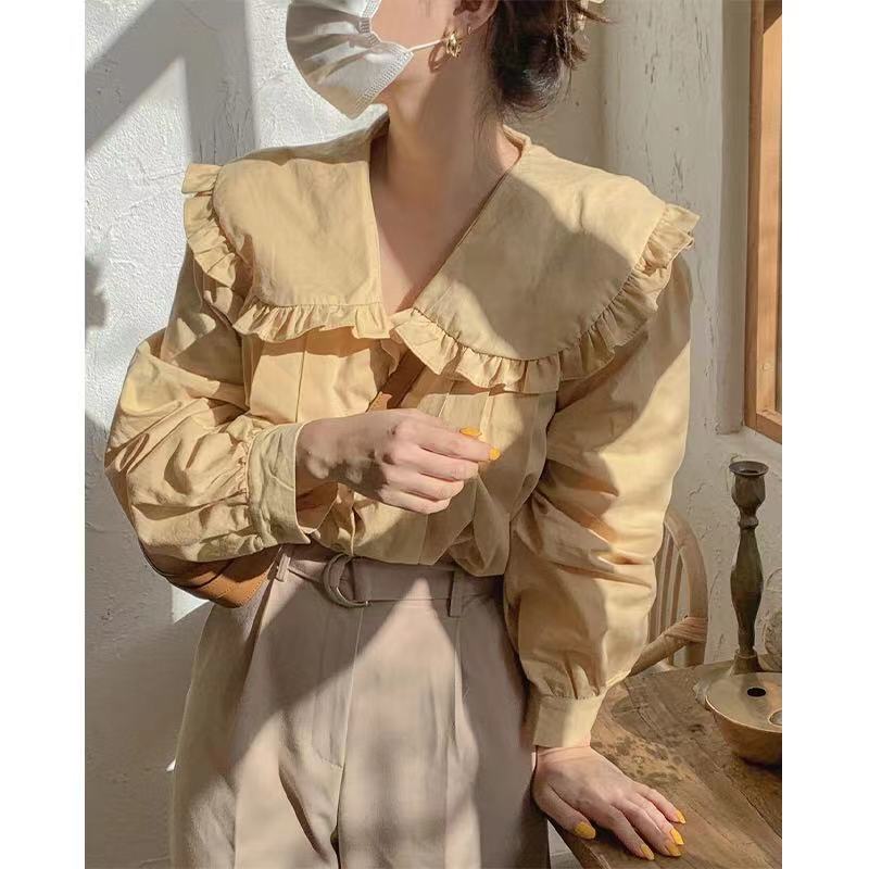 South Korea's Dongdaemun 2024 spring new style fungus-edged doll collar sweet temperament shirt women's niche design tops