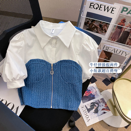 Back to blue denim splicing short shirt women's design niche summer French slim short-sleeved top