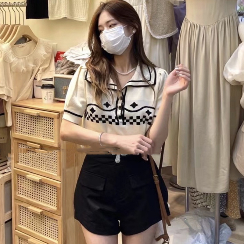 復古v領針織短袖t恤女2024夏薄款設計感小眾氣質短款高腰拼色小衫