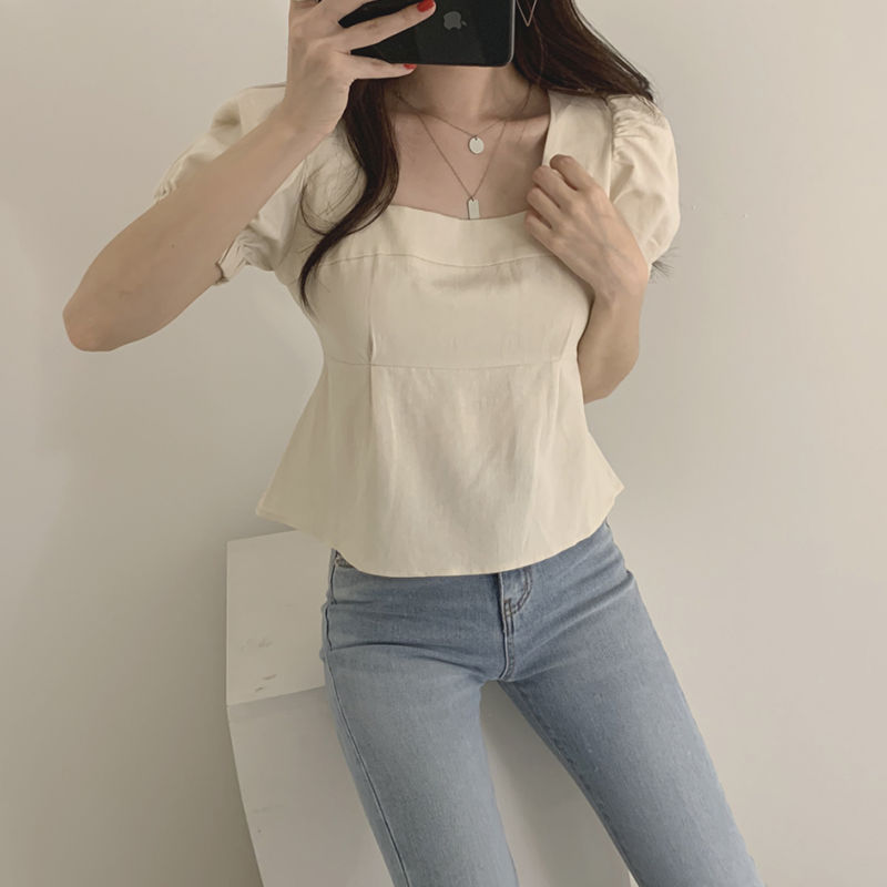 Korean chic French retro small machine back cross bow tie puff sleeve shirt women's short top