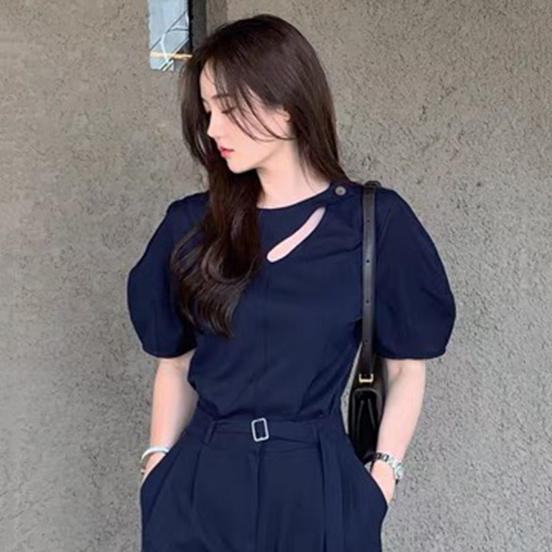 Korean chic summer style simple round neck hollow button design loose and versatile puff sleeve shirt top for women