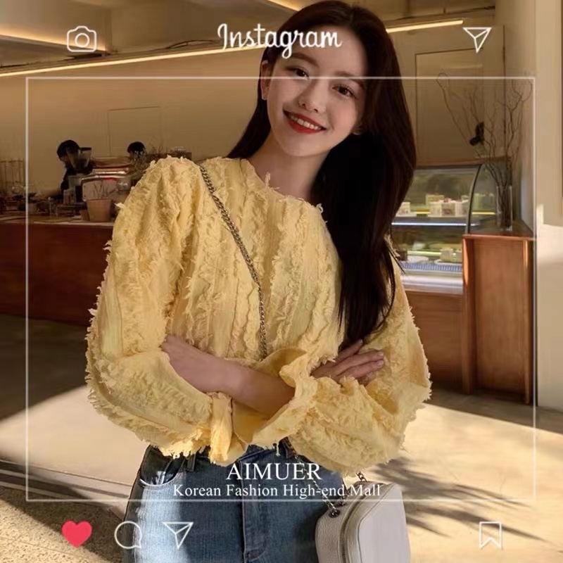 2024 spring and autumn new chic milky yellow sweet flocked tassel shirt women's design round neck long-sleeved top