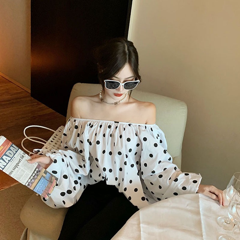 2024 new summer white t-shirt French puff sleeves one-shoulder loose long-sleeved chiffon shirt versatile tops for women