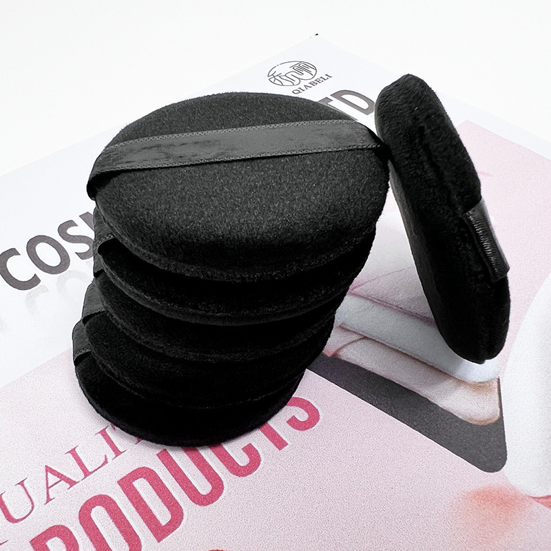 Ribbon style double-sided super soft short velvet make-up artist dry powder powder loose powder special round cross-border makeup black powder puff