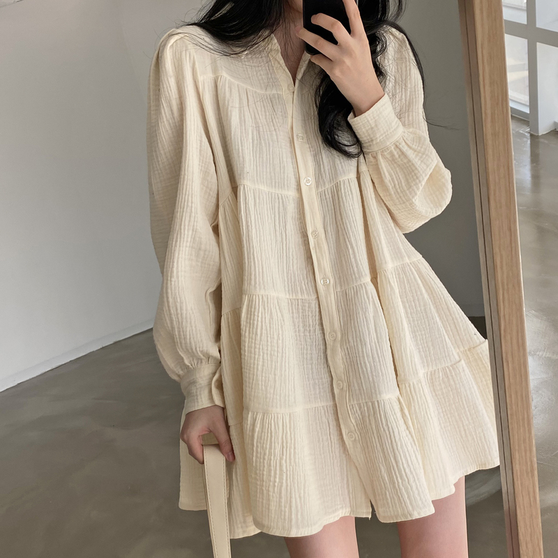 Korean style new chic lapel pleated loose single breasted puff sleeve doll short dress