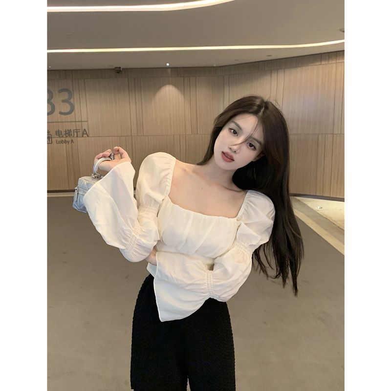 French square collar shirt women's design niche bow short pleated slim long-sleeved shirt autumn top