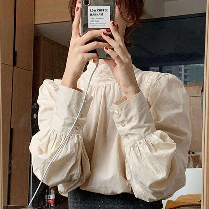 He Jing gogo autumn inner lace shirt women's long-sleeved autumn women's mesh puff sleeves half-high collar super fairy white shirt