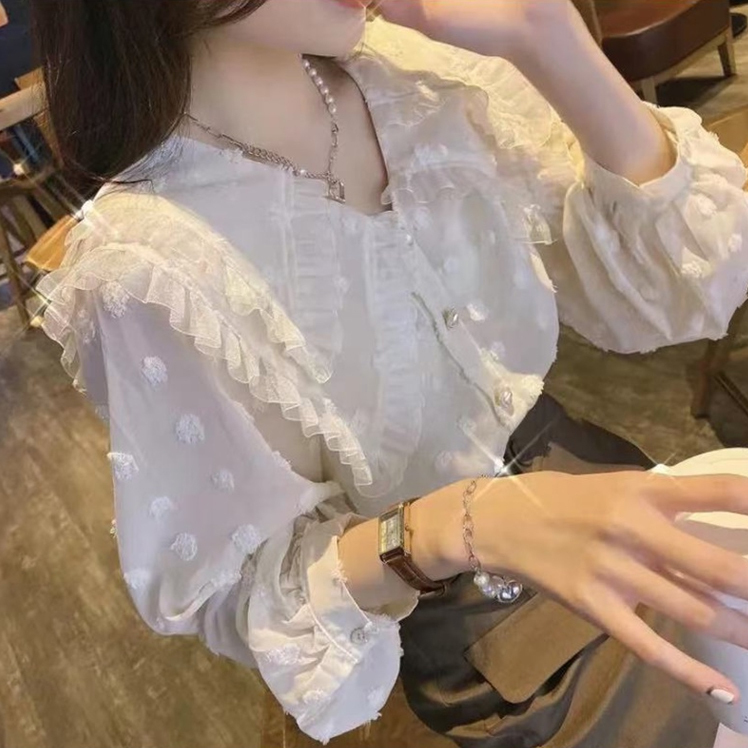 2024 New Fashion Tops Internet Celebrity Heavy Industry Lace Splicing Chiffon Shirt Autumn 6#