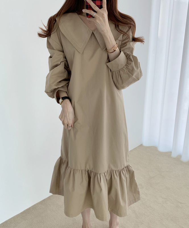 South Korea's Dongdaemun niche retro top-stitched navy collar loose and flesh-covering slimming long lantern sleeve jumpsuit