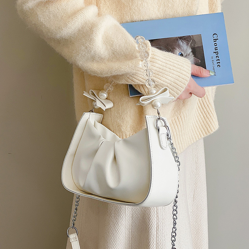Popular pleated armpit bag for women 2024 new trendy fashion pearl chain shoulder crossbody bag for women saddle bag