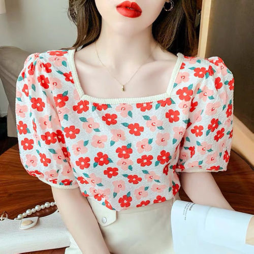 French 2024 summer new square neck floral chiffon puff sleeve short-sleeved shirt women's short chic sweet top