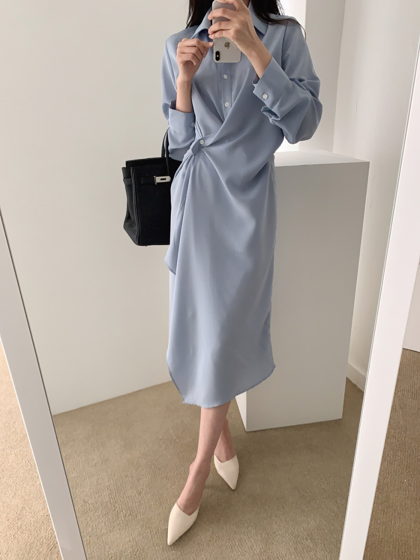 Irregular design shirt skirt spring and autumn French mid-length temperament waist slimming slim skirt