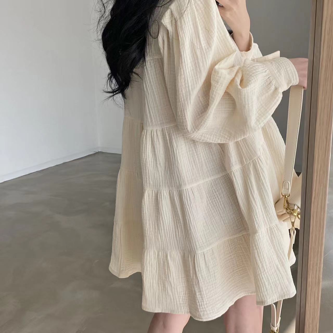 Korean style new chic lapel pleated loose single breasted puff sleeve doll short dress
