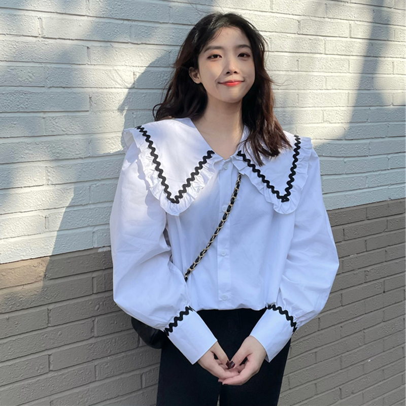 Spring and Autumn New Design Niche Western Sweet Korean Style Loose Large Size Puff Sleeve Retro Contrast Color Navy Collar Women