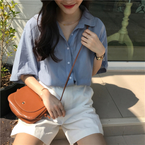 2024 Summer Korean Style Loose Short Sleeve Shirt Women's Versatile Solid Color Design Niche Western Style Hong Kong Style Top
