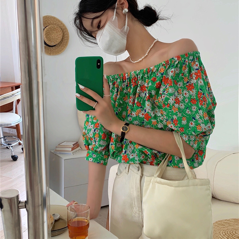 chin Korean style new style small fresh temperament off-shoulder short floral top