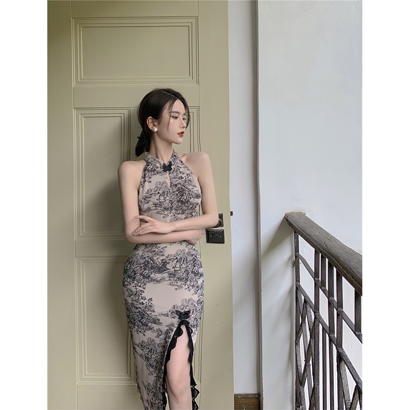 Improved cheongsam dress women's 2024 summer new mid-length skirt pure desire hottie sexy halter neck skirt