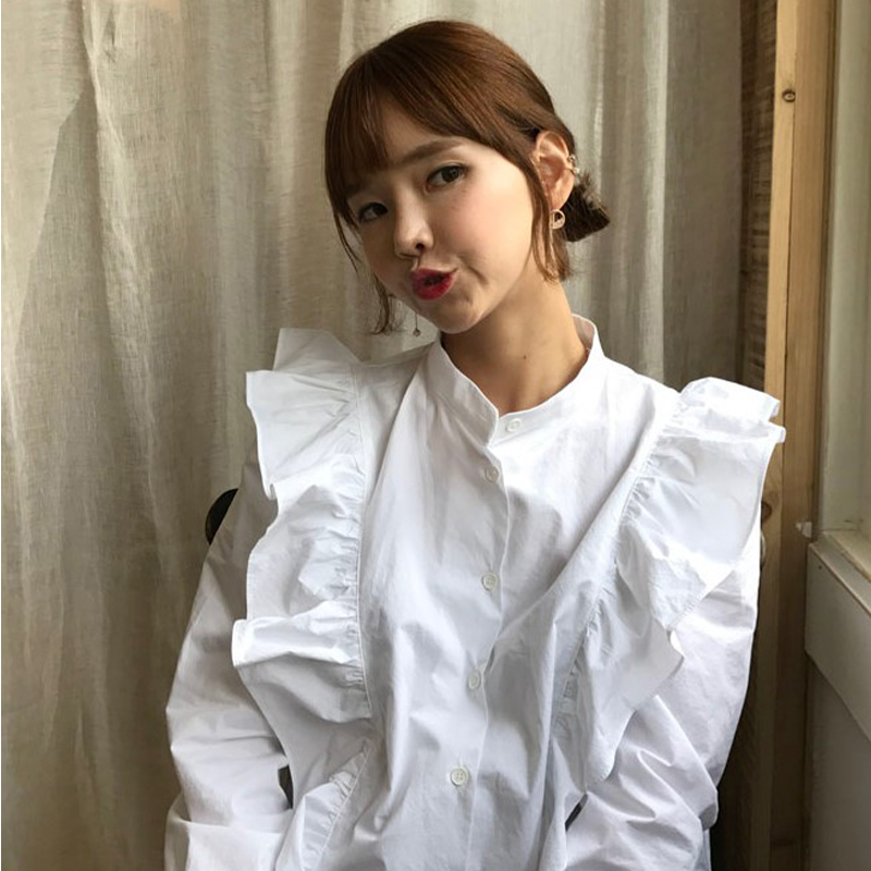 South Korea's Dongdaemun Super Immortal Palace Retro Princess Style pleated fungus long-sleeved shirt women's baby doll top spring