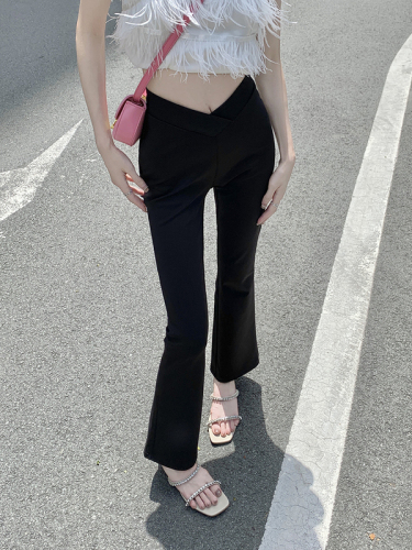 Actual shot of versatile black semi-elastic V-waist casual pants slim stretch micro-flared trousers for women