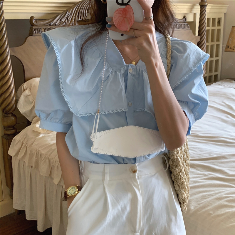 Summer 2024 new design niche shirt women's puff short-sleeved shirt thin chic French Hong Kong style top