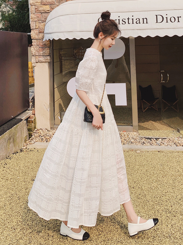 2024 new white gentle style French sweet street-length ankle length dress small fresh first love dress for women summer