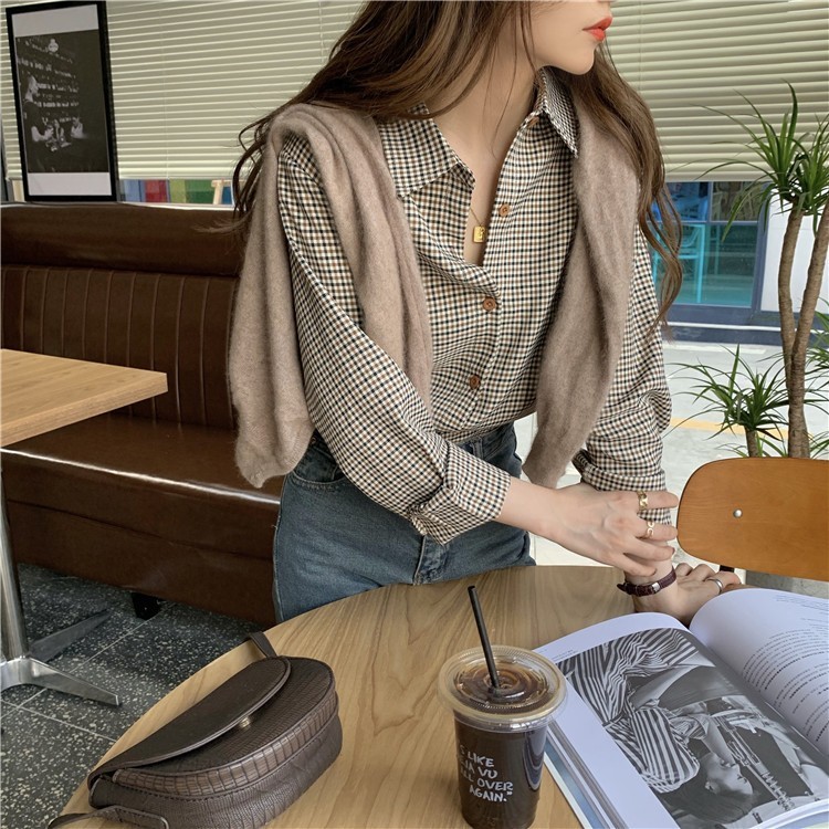 French plaid polo collar long-sleeved shirt for women spring 2024 new Korean version loose slim versatile top trendy