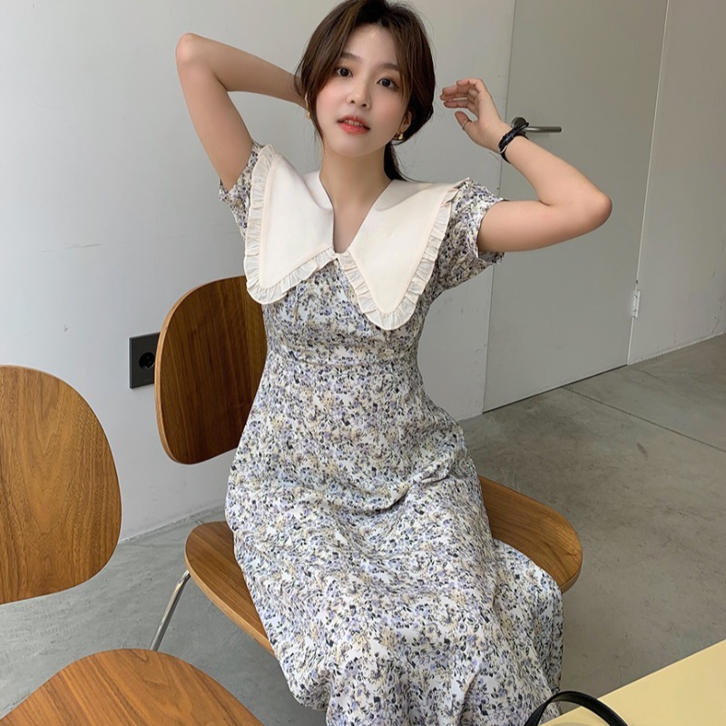 French Platycodon first love dress for women in summer romantic and gentle doll collar temperament slim long retro floral dress