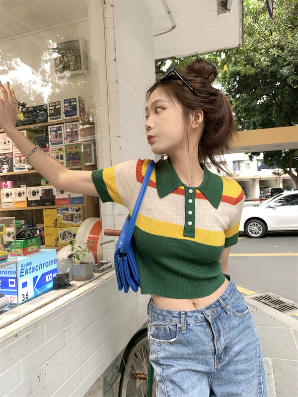 polo衫女夏季撞色條紋設計感小眾別致復古港味chic短袖t恤短上衣