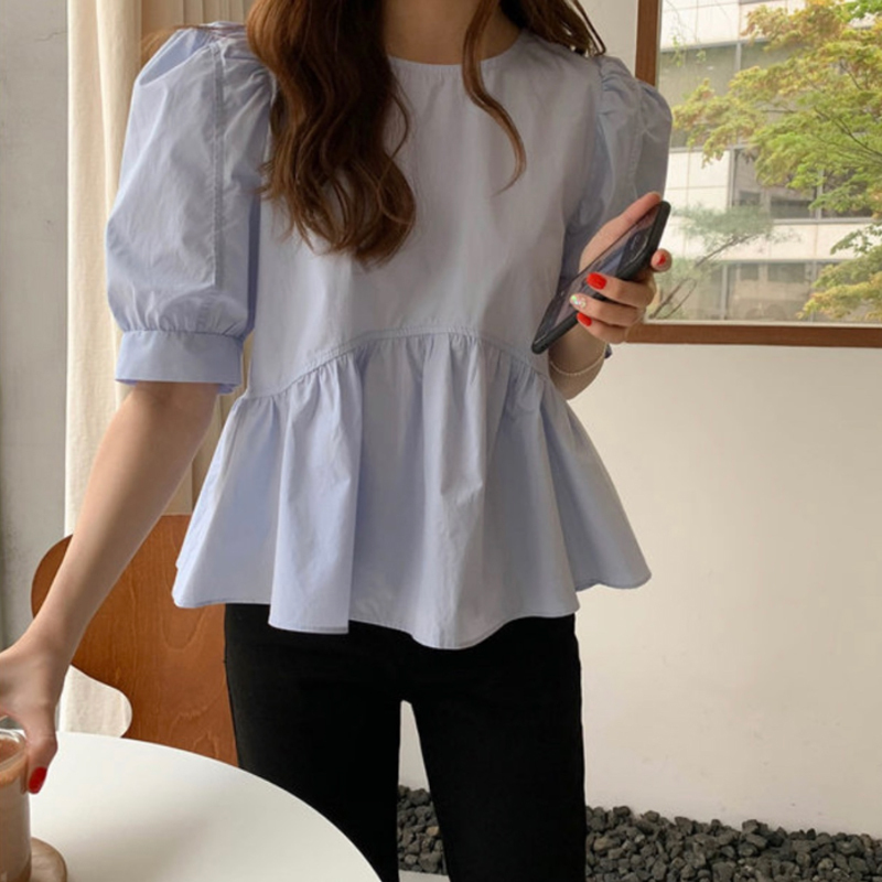 Korean chic summer minimalist round neck puff sleeve white baby doll top loose age-reducing shirt for women