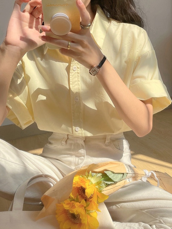 短袖襯衫女奶黃色2024年夏季新款chic法式奶甜上衣設計感小