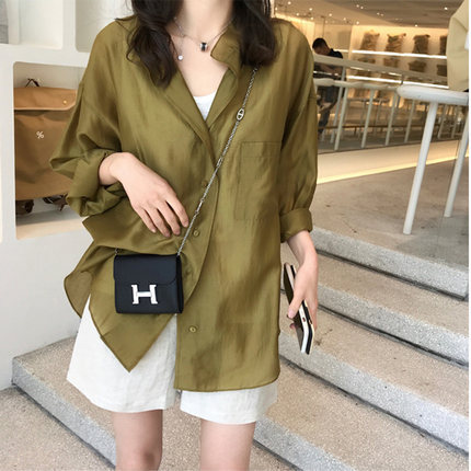 2024新款寬鬆襯衣女防曬衣開衫上衣法式微透罩衫透感襯衫外套