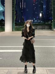 Actual shot# lazy shopping casual loose ruffle dress women's exquisite V-neck long skirt