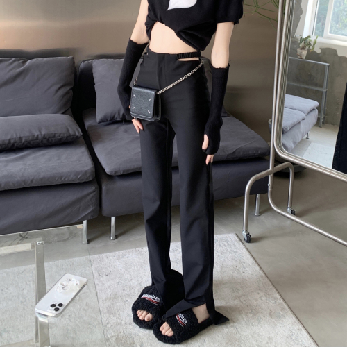 Real shot of black waistband hollow sexy slim high waist trousers slim leg slit pants for women
