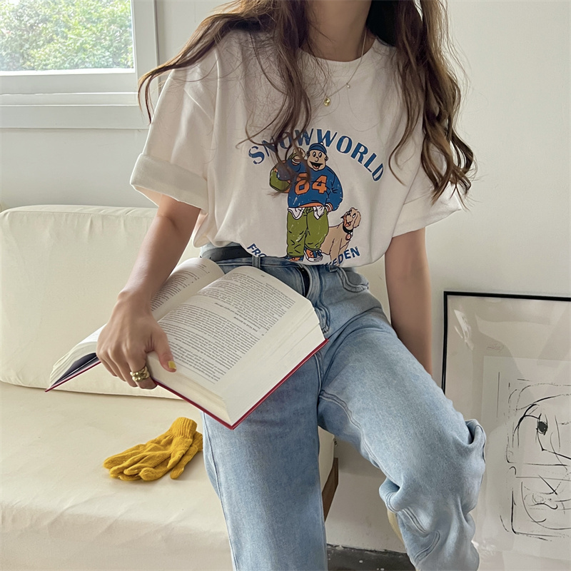 Actual shot of spring new Korean style letter loose printed short-sleeved T-shirt