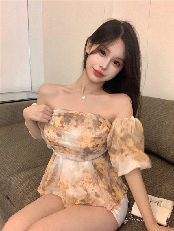 Real shot of midsummer flower sea chiffon shirt for women, spring and summer fashionable shirt, sweet top with detachable sleeves