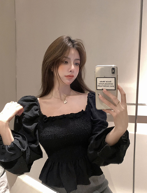 Real shot!  White shirt for women with stylish design, pleated waist, slimming puff sleeves, square neck top, trendy 2423