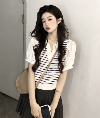 Real shot of sweet and spicy striped fake two-piece short-sleeved knitted polo collar T-shirt top short top trendy